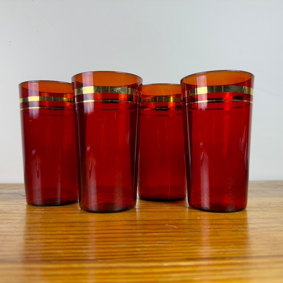 Vintage Ruby Red Glass Tumblers with Gold Design – Set of 4 - Picture 12 of 16